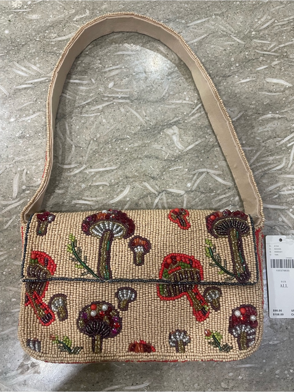 Anthropologie Beaded Mushroom Mini Bag in Beige, Red, Green, Brown